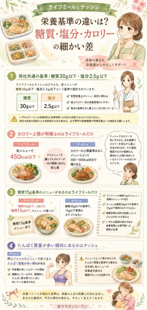 ライフミールとナッシュ 栄養基準の違いは？糖質・塩分・カロリーの細かい差