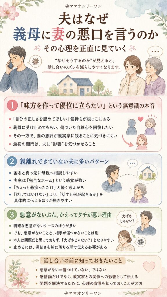 夫はなぜ義母に妻の悪口を言うのか──その心理を正直に見ていく