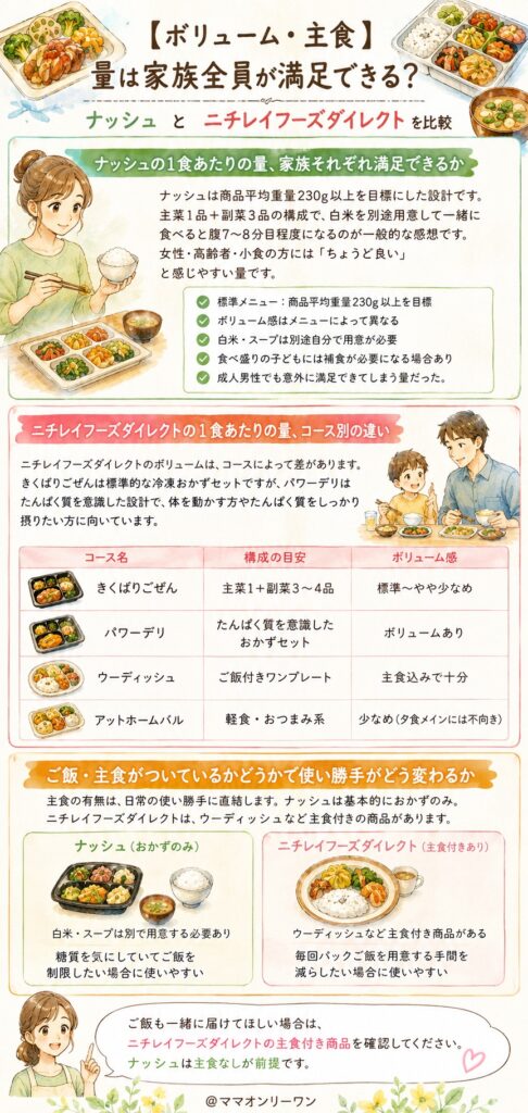 ナッシュとニチレイフーズダイレクト【ボリューム・主食】量は家族全員が満足できる？