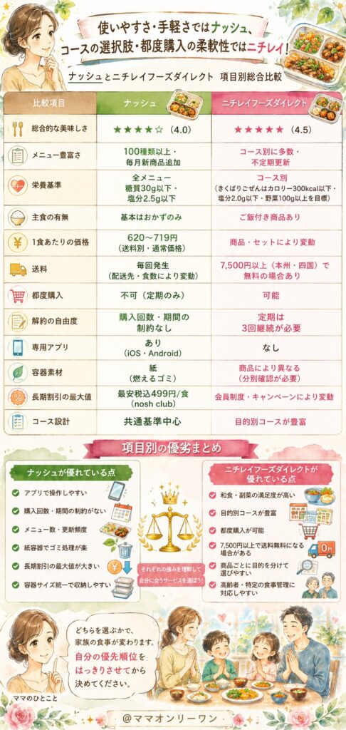 ナッシュとニチレイフーズダイレクト【項目別総合比較】一覧で並べると、どちらが上か一目でわかる