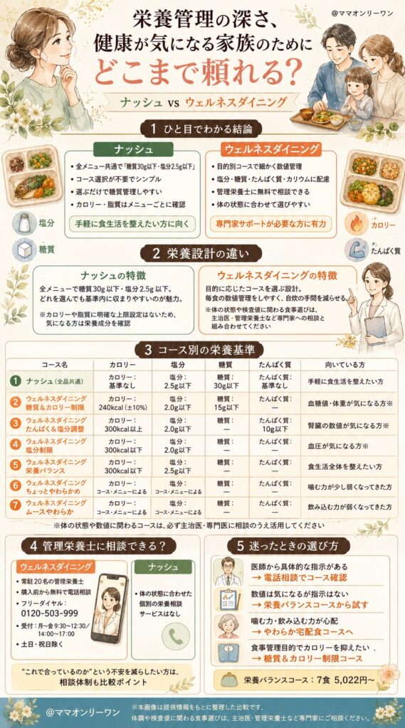 ナッシュとウェルネスダイニング 栄養管理の深さ、健康が気になる家族のためにどこまで頼れる?