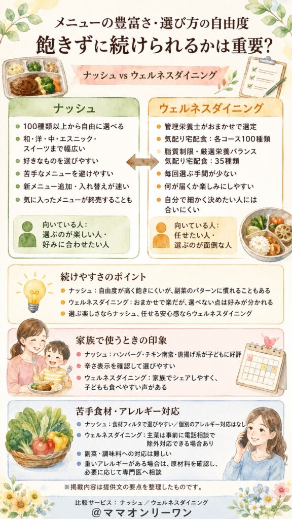 ナッシュとウェルネスダイニング メニューの豊富さ・選び方の自由度、飽きずに続けられるかどうかは重要?