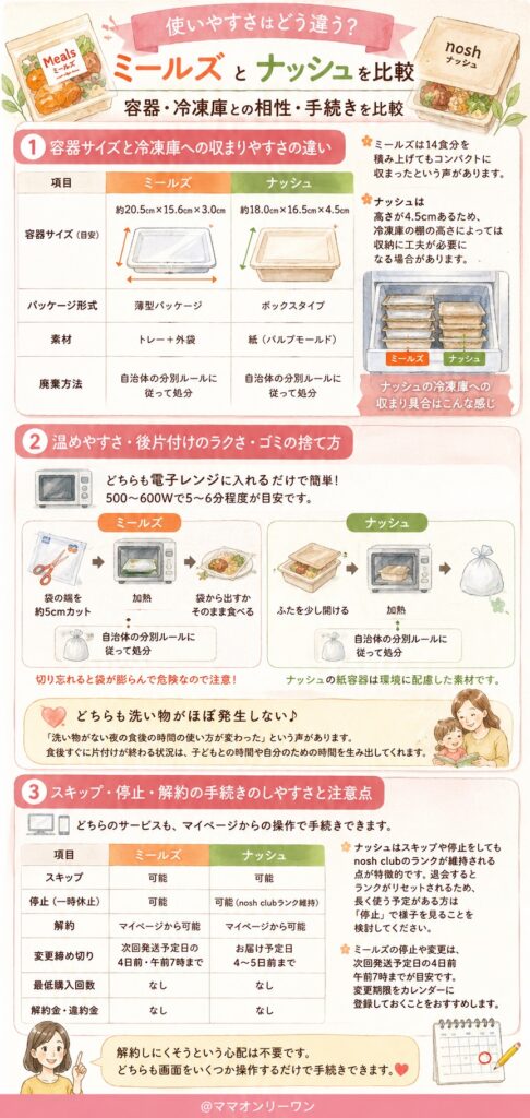 デリッシュキッチンのミールズとナッシュ 使いやすさはどう違う？容器・冷凍庫との相性・手続きを比較