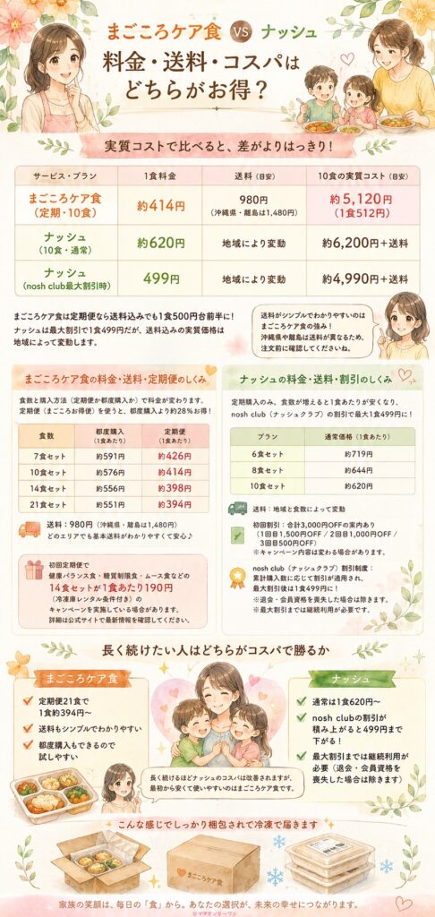 まごころケア食とナッシュ 料金・送料・コスパはどちらがお得？