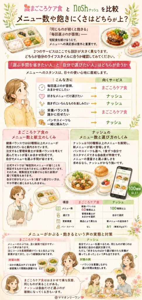 まごころケア食とナッシュ メニュー数や飽きにくさはどちらが上？