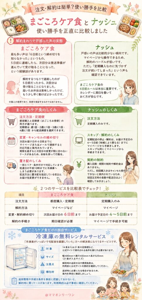まごころケア食とナッシュ 注文・解約は簡単？使い勝手を比較