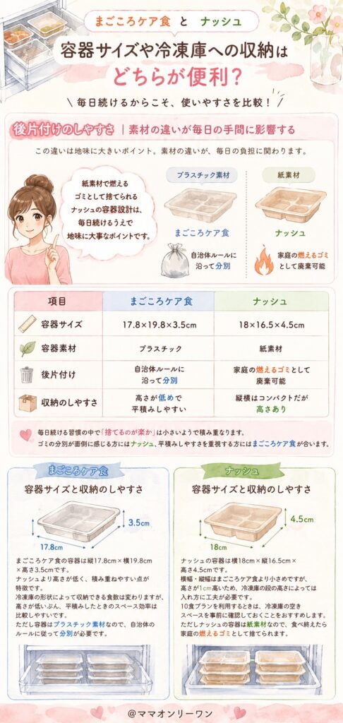 まごころケア食とナッシュ 容器サイズや冷凍庫への収納はどちらが便利？