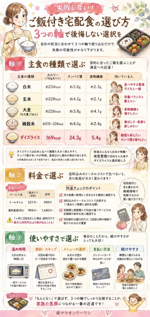 失敗しないご飯付き宅配食の選び方は？【3つの軸】
