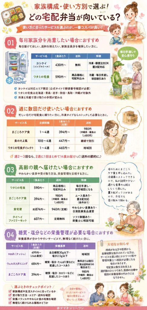 家族構成・使い方別ではどの宅配弁当が向いている？
