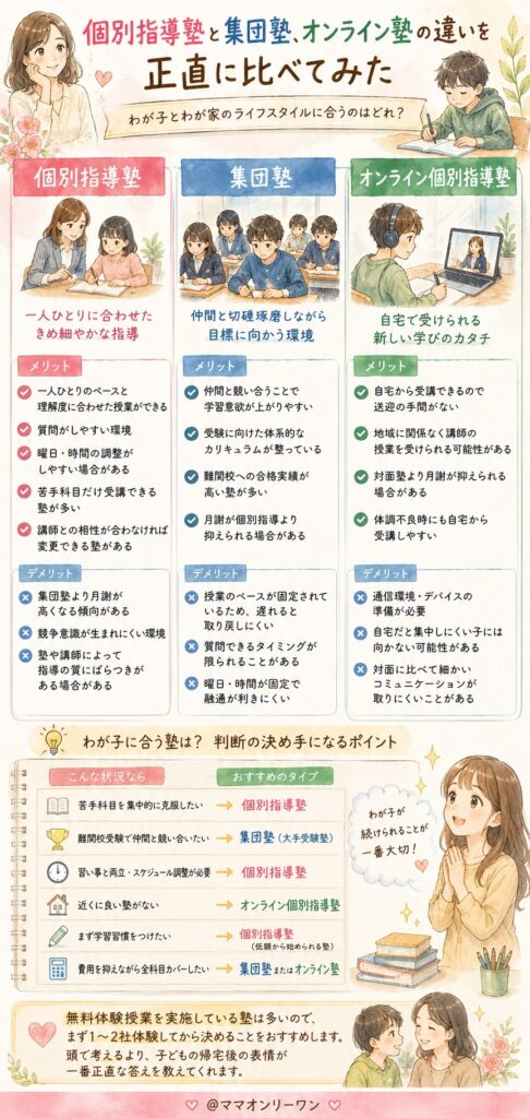 個別指導塾と集団塾、オンライン塾の違いを正直に比べてみた