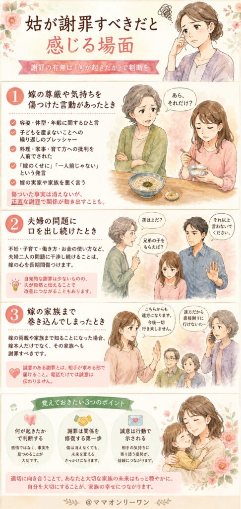 姑が謝罪すべきだと感じる場面