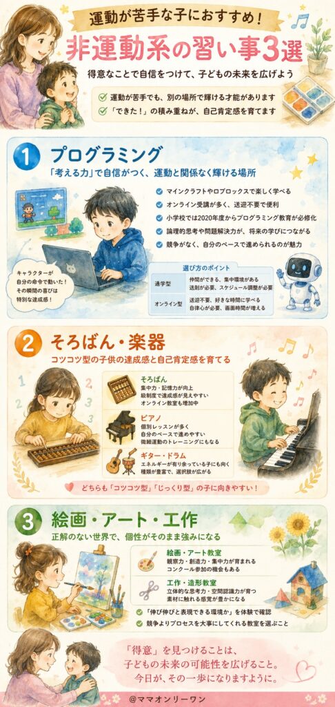 運動が苦手な子供におすすめの習い事【非運動系3選】