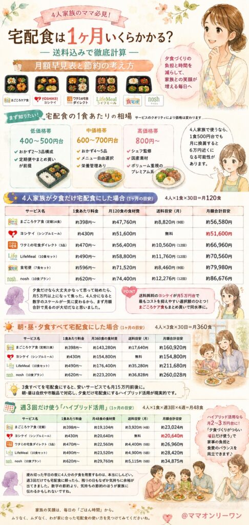 宅配食を4人家族で使うと、1ヶ月いくらかかるのか？