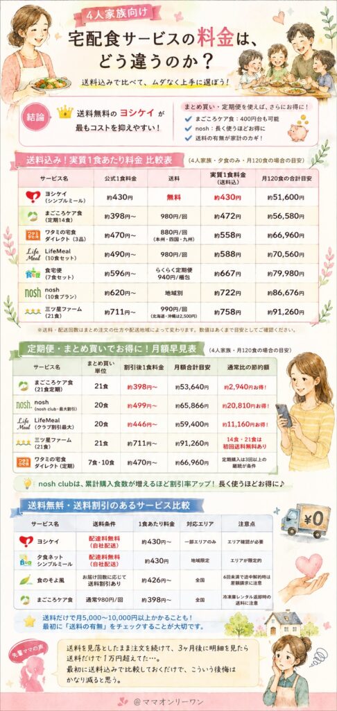 【比較表あり】4人家族向け宅配食サービスの料金は、どう違うのか？