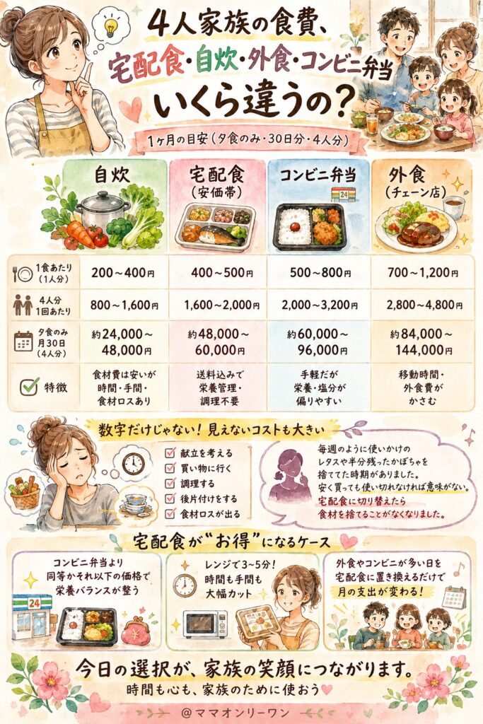 宅配食・自炊・外食・コンビニ弁当、4人家族で使うと月いくら違うのか？