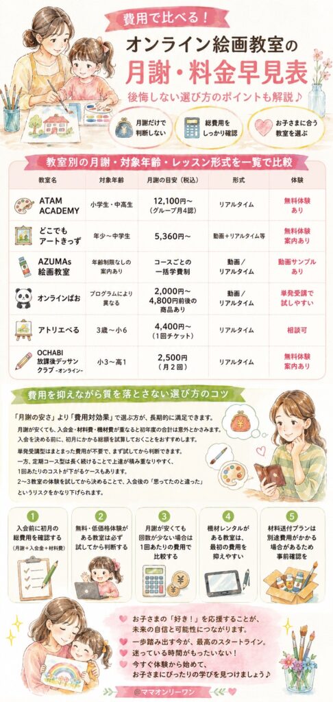 費用で比べる!オンライン絵画教室の月謝・料金早見表
