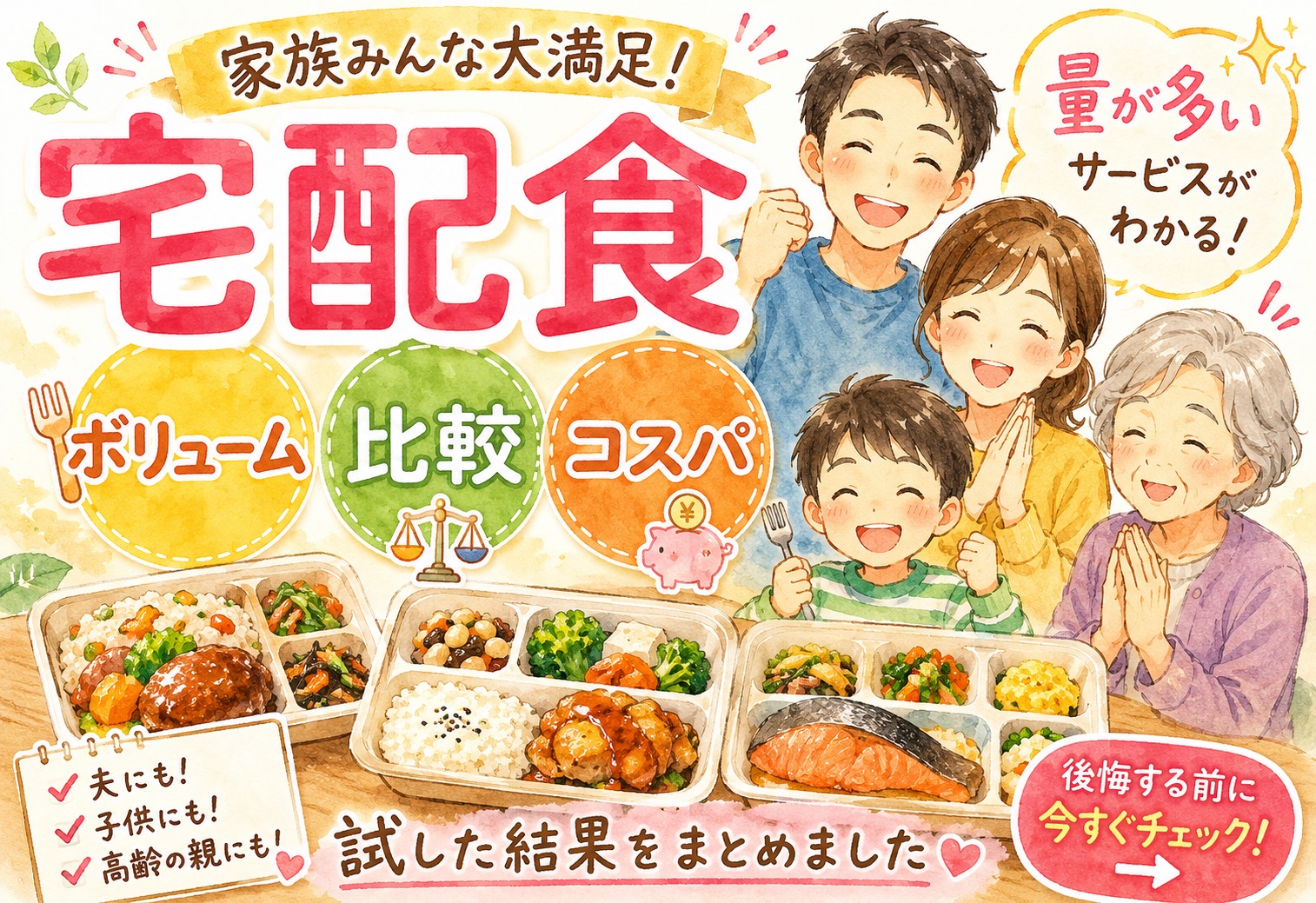 宅配食ボリューム比較｜量が多いサービスを夫・子供・高齢親で試した結果とコスパまとめ
