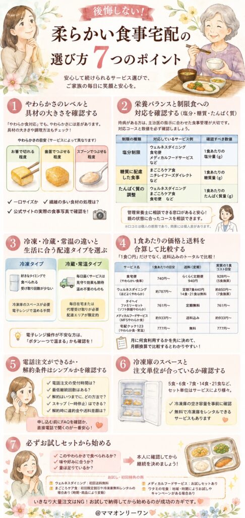 後悔しない！柔らかい食事宅配の選び方７つのポイントとは？