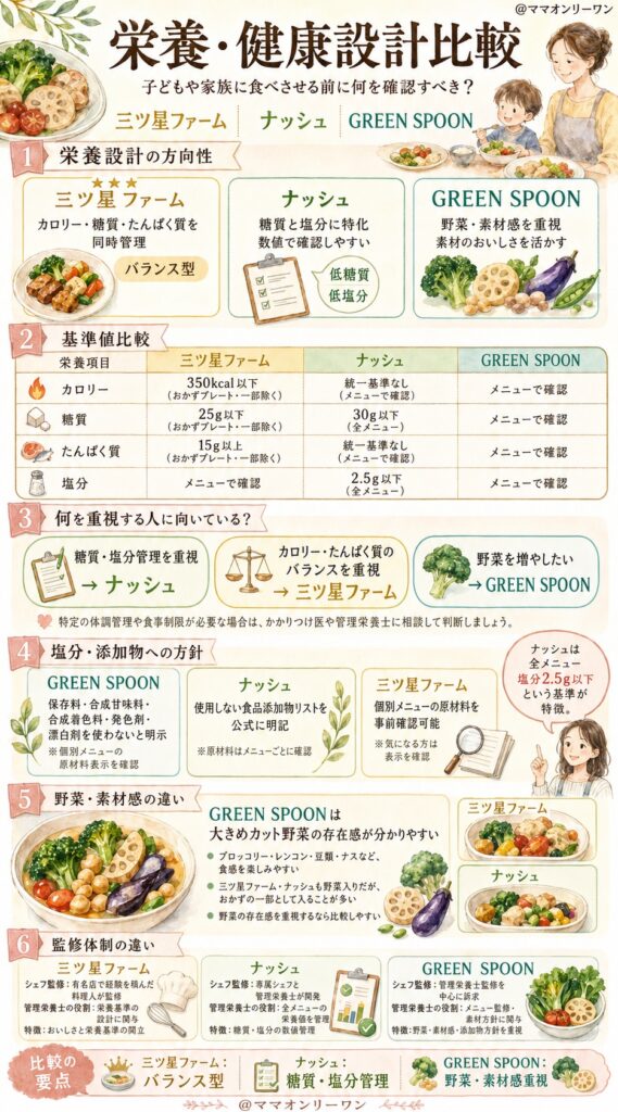 三ツ星ファーム・ナッシュ・GREEN SPOON 【栄養・健康設計比較】子供や家族に食べさせる前に何を確認すべき?