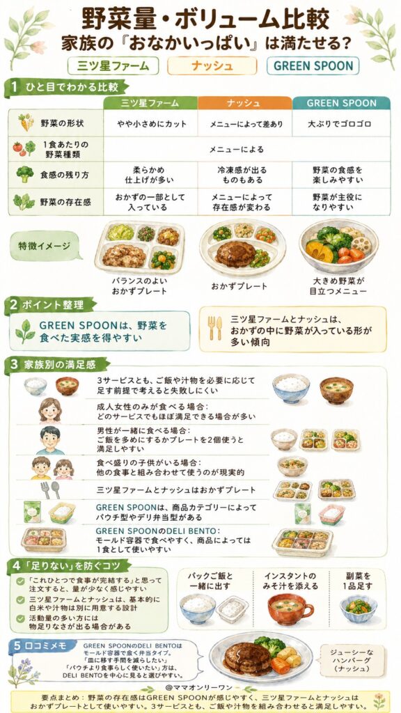 三ツ星ファーム・ナッシュ・GREEN SPOON 【野菜量・ボリューム比較】家族の「おなかいっぱい」は満たせる?