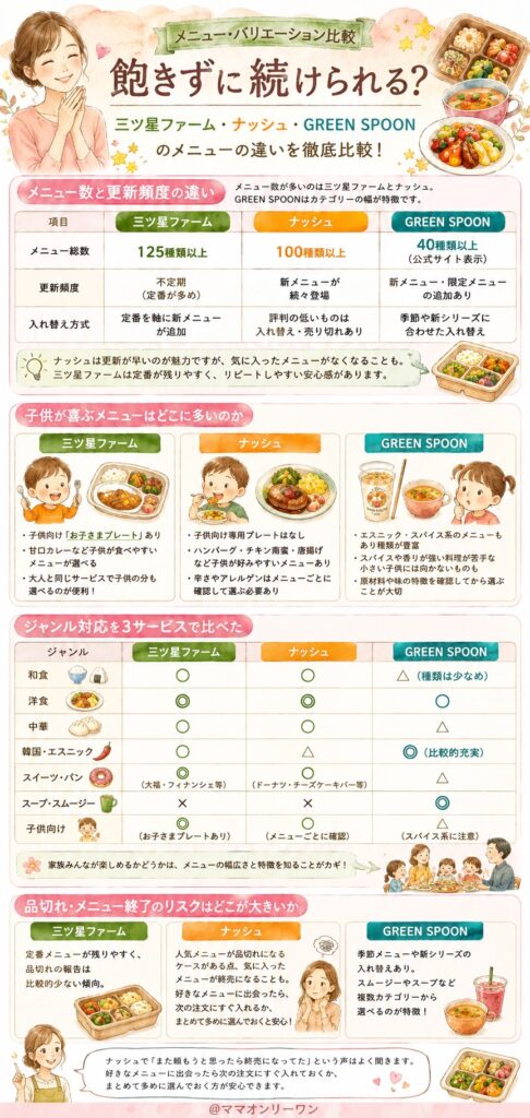 三ツ星ファーム・ナッシュ・GREEN SPOON 【メニュー・バリエーション比較】飽きずに続けられる?