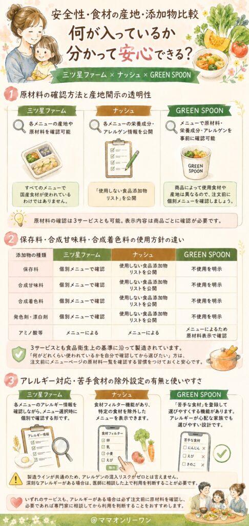 三ツ星ファーム・ナッシュ・GREEN SPOON 【安全性・食材の産地・添加物比較】何が入っているか分かって安心できる?