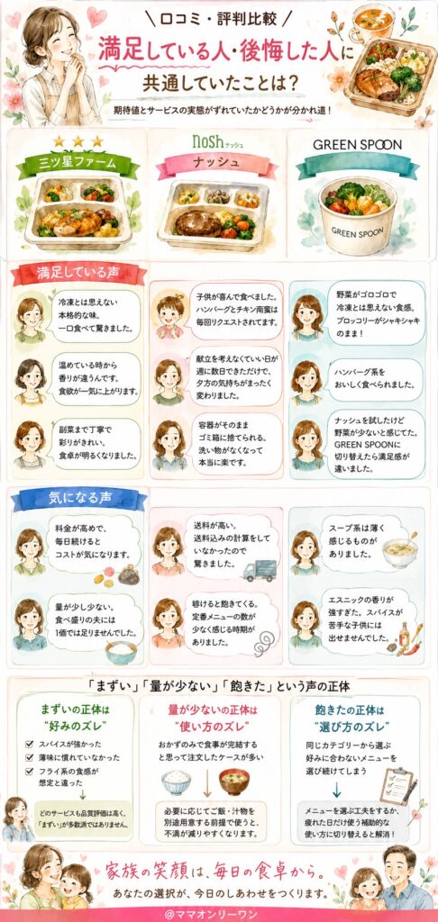 三ツ星ファーム・ナッシュ・GREEN SPOON 【口コミ・評判比較】満足している人・後悔した人に共通していたことは?