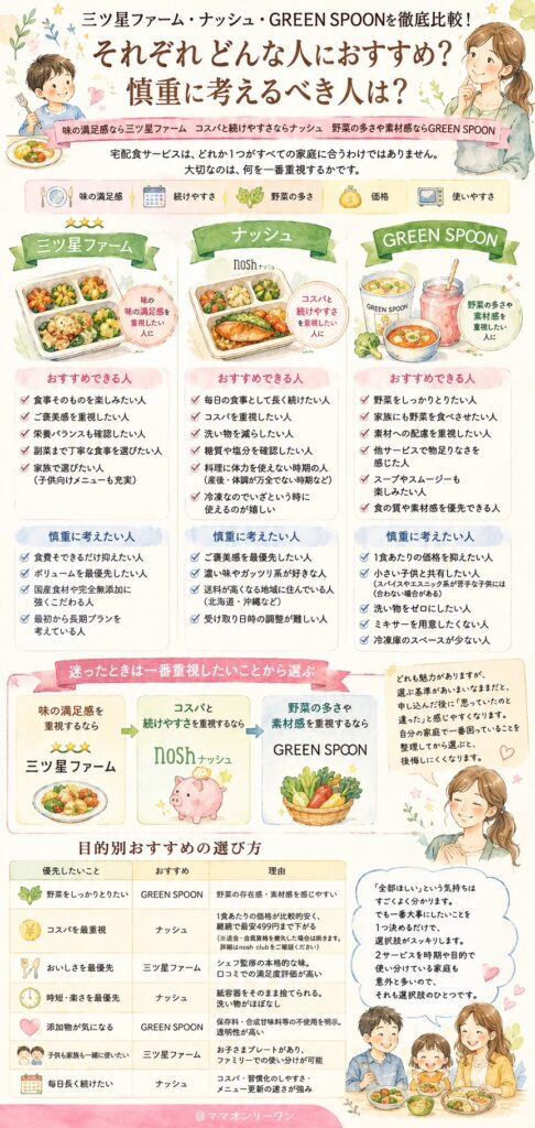 三ツ星ファーム・ナッシュ・GREEN SPOON こんな人に合う!それぞれどんな人におすすめ?慎重に考えるべき人は?