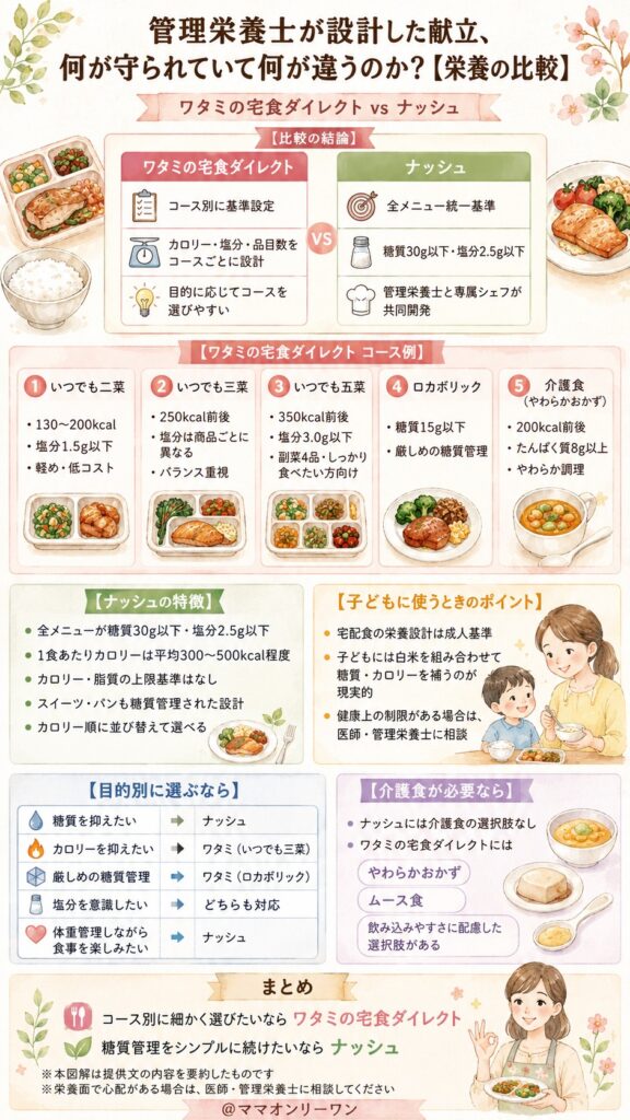 ワタミの宅食とナッシュ 管理栄養士が設計した献立、何が守られていて何が違うのか？【栄養の比較】