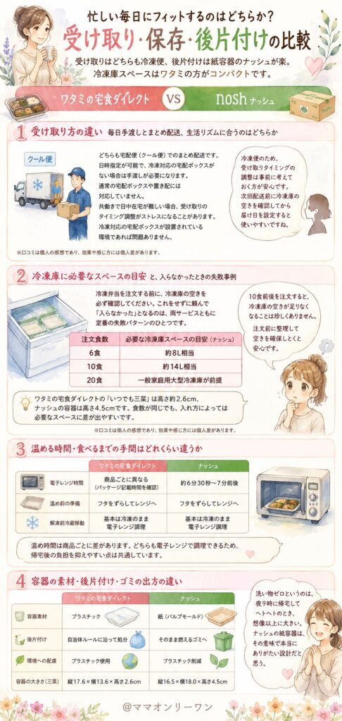 ワタミの宅食とナッシュ 忙しい毎日にフィットするのはどちらか？【受け取り・保存・後片付けの比較】