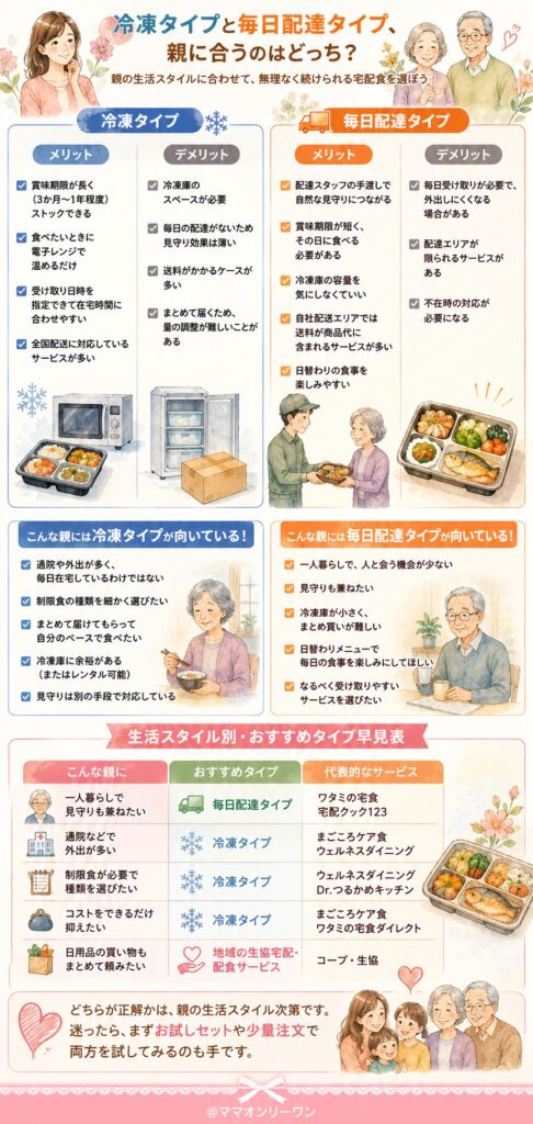 冷凍タイプと毎日配達タイプ、親に合うのはどっち？