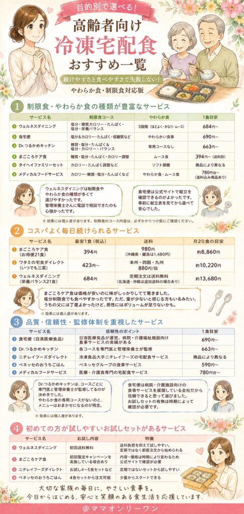 どのサービスを選べばいい?高齢者向け冷凍宅配食おすすめ一覧|目的別