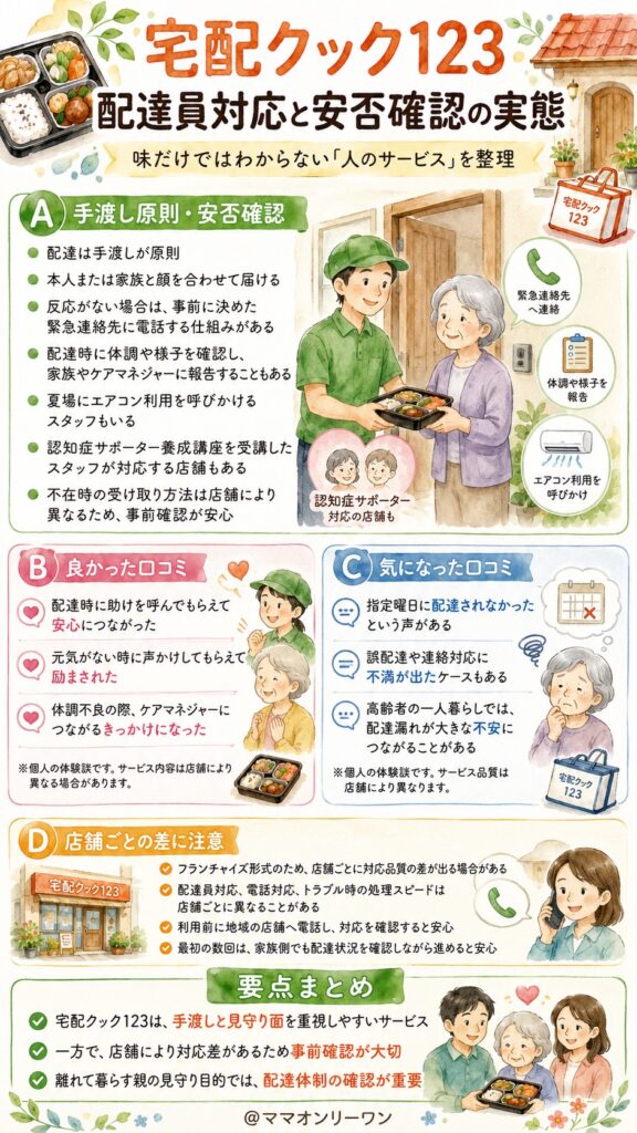 宅配クック123 配達員・サービス対応への口コミ、安否確認の実態
