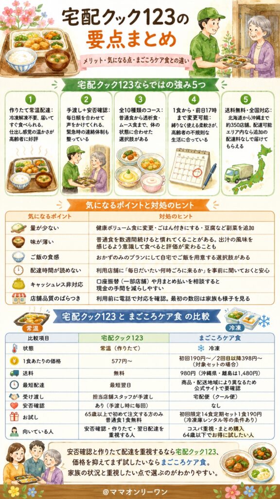 宅配クック123 メリットとデメリット、両方をテーブルに並べてフラットに比較