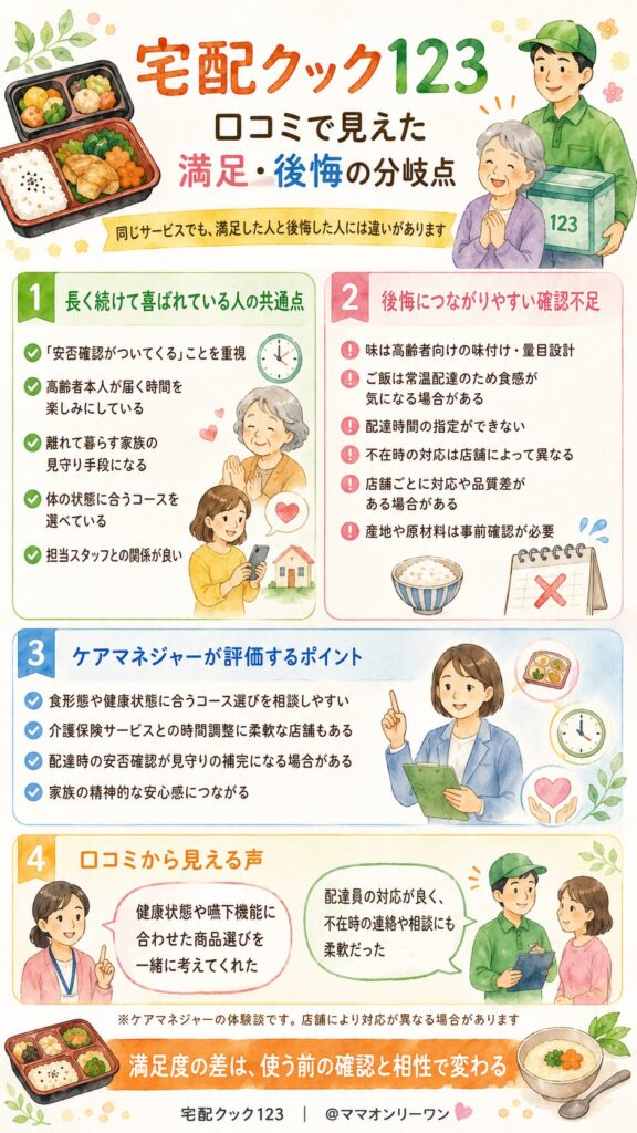 宅配クック123 口コミに登場する「満足した人」と「後悔した人」の分岐点