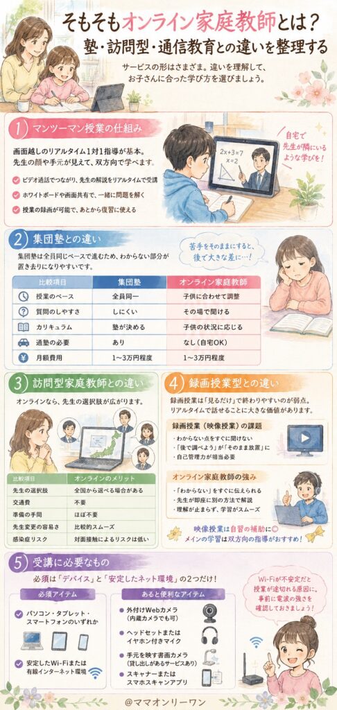そもそもオンライン家庭教師とは何か——塾・訪問型・通信教育との違いを整理する