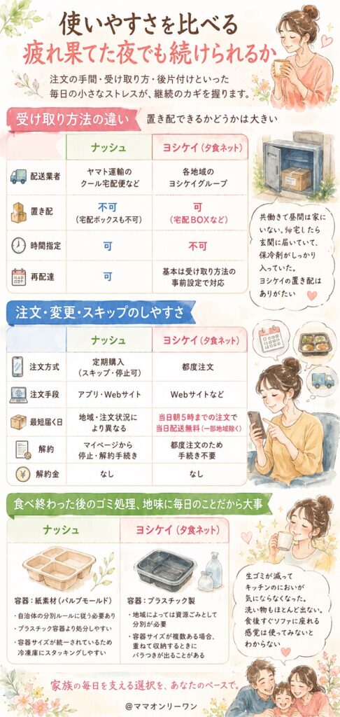 ナッシュとヨシケイ 使いやすさを比べる：疲れ果てた夜でも続けられるか