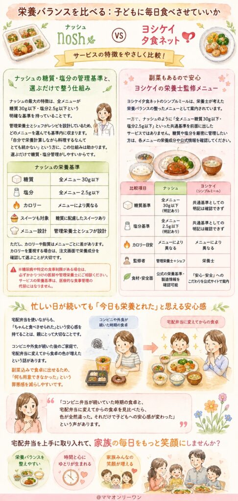 ナッシュとヨシケイ 栄養バランスを比べる：子どもに毎日食べさせていいか