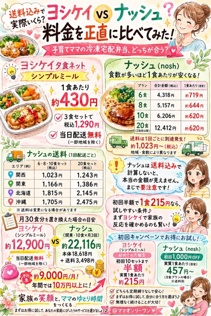 ナッシュとヨシケイ 料金を正直に比べる：送料込みで「実際いくら」かかるのか