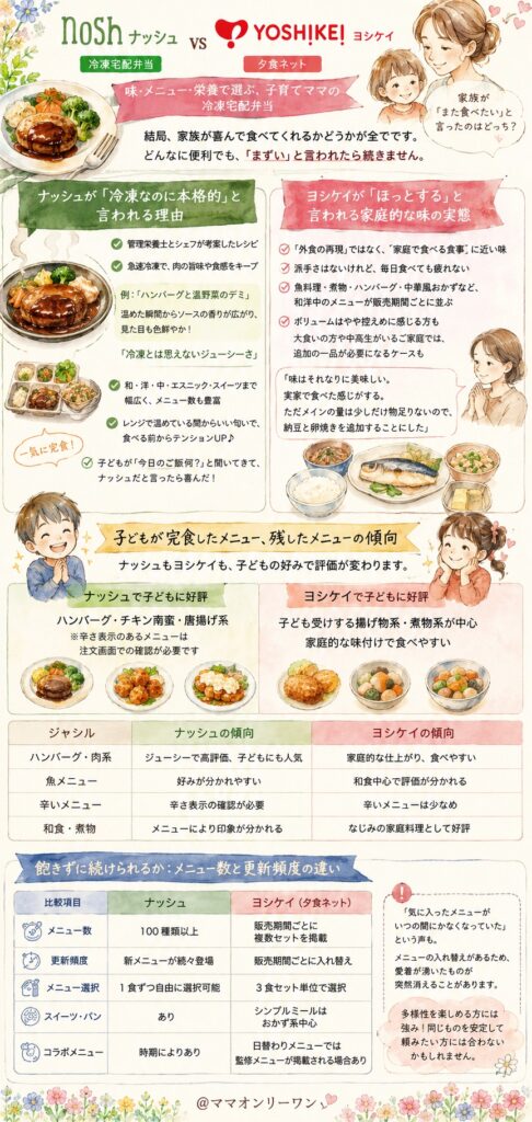 ナッシュとヨシケイ 味とメニューを比べる：家族が「また食べたい」と言ったのはどっちか