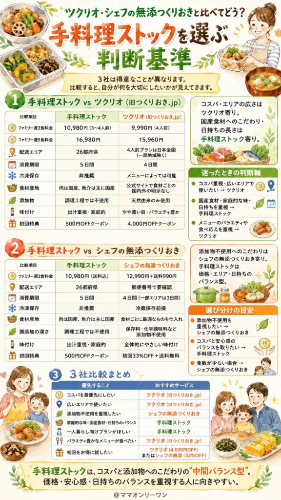 手料理ストック ツクリオ・シェフの無添つくりおきと比べてどう?迷ったときの判断基準