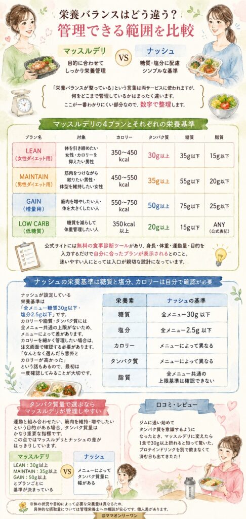 マッスルデリとナッシュ 栄養バランスはどう違う?管理できる範囲を比較