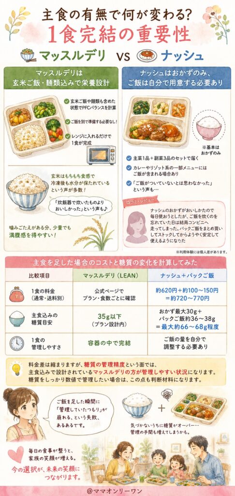 マッスルデリとナッシュ 主食の有無で何が変わる?1食完結の重要性