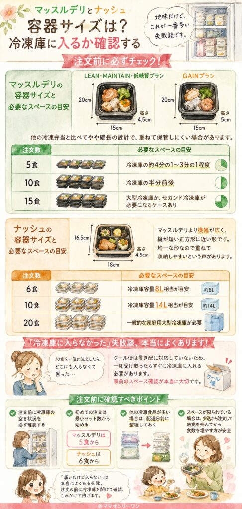 マッスルデリとナッシュ 容器サイズは?冷凍庫に入るか確認する