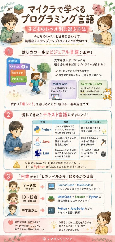 マイクラで学べるプログラミング言語【子どものレベル別に選ぶ方法】