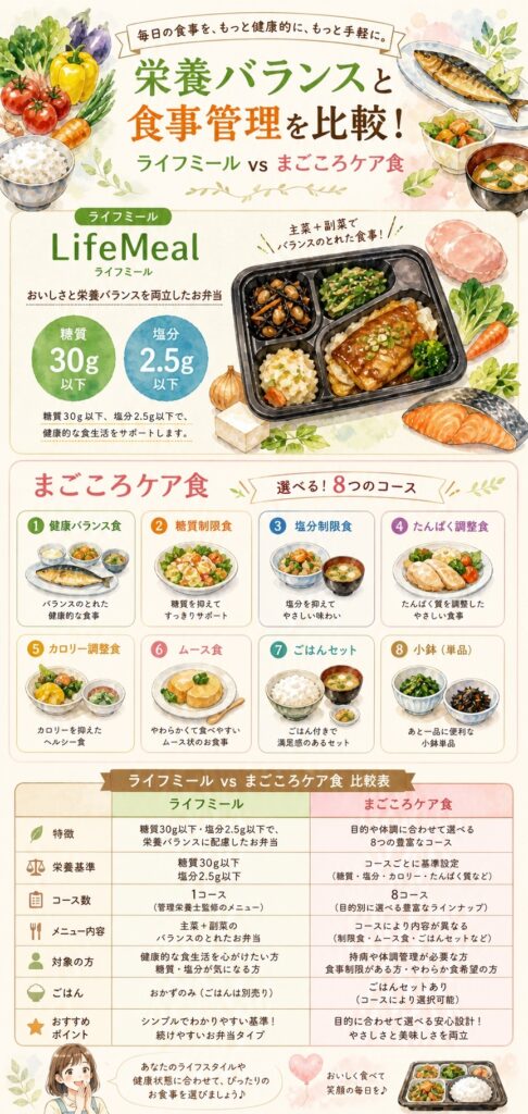 ライフミールとまごころケア食 栄養バランスと食事管理のしやすさを比較