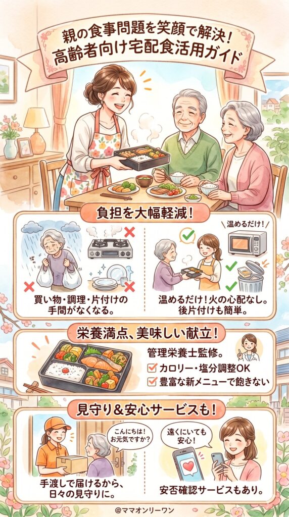 宅配食サービスを使うと親の食事問題の負担を減らせる