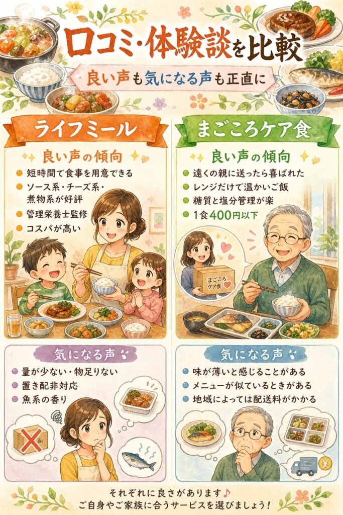 ライフミールとまごころケア食 口コミ・体験談を比較|良い声も気になる声も正直に