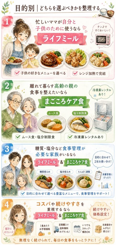 ライフミールとまごころケア食 目的別|どちらを選ぶべきかを整理する