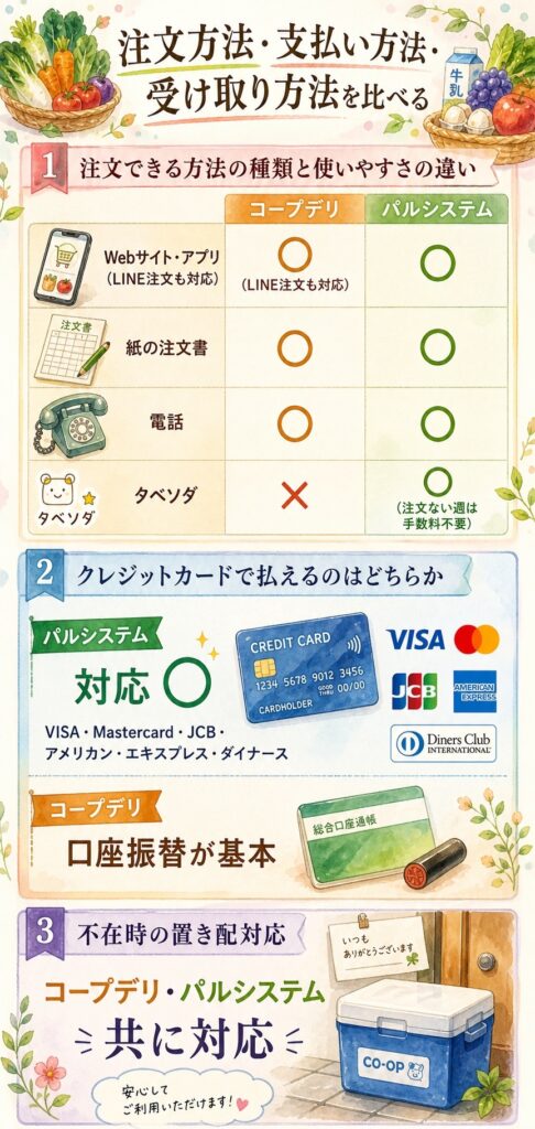 コープデリとパルシステム 注文方法・支払い方法・受け取り方法を比べる